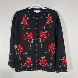 Arriviste Christmas Cardigan Sweater Womens Small‎ Black Red Poinsettias Bows
